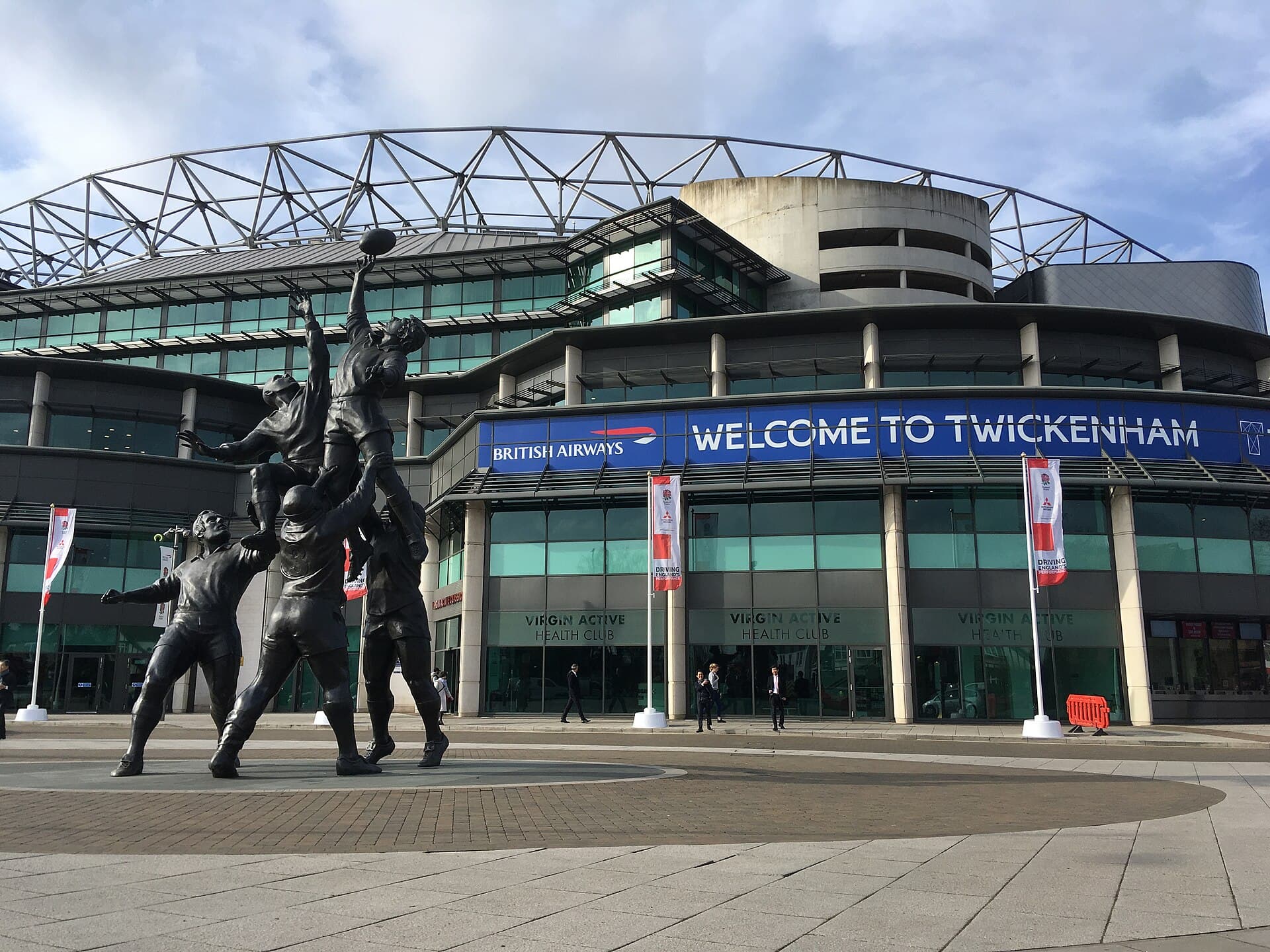 The lineout statue outside Twickenham Stadium