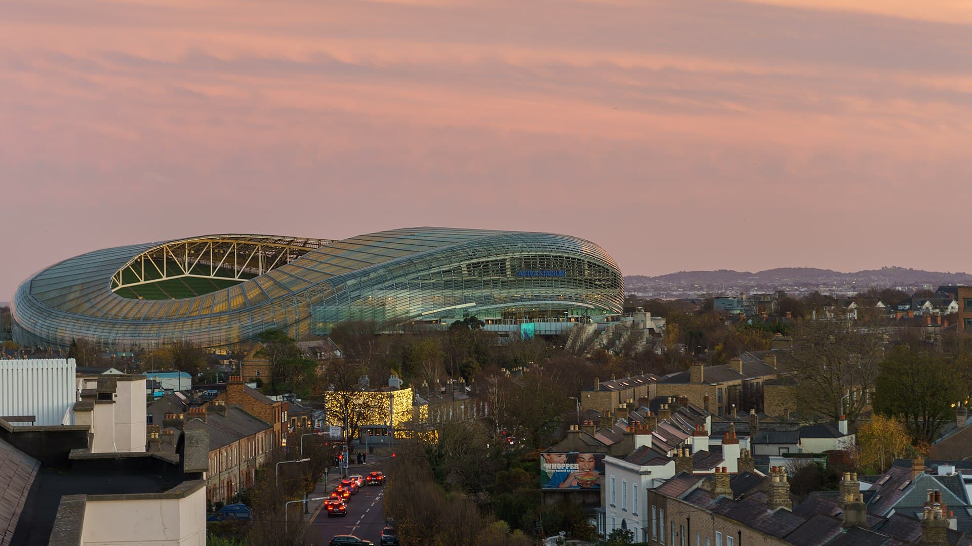 The Aviva Stadium and the Dublin skyline at dusk