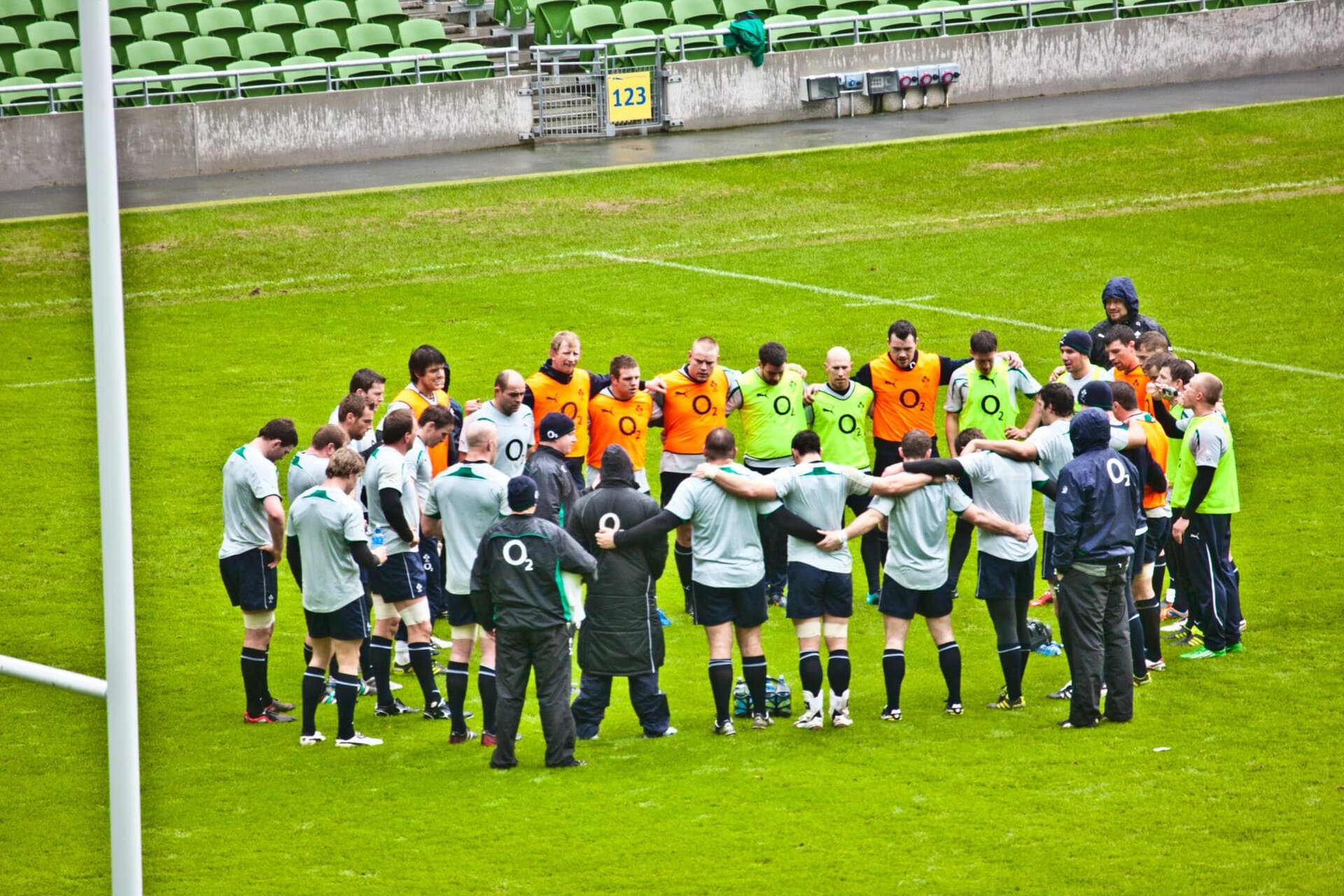 The Ireland squad in a huddle on the pitch at the Aviva Stadium