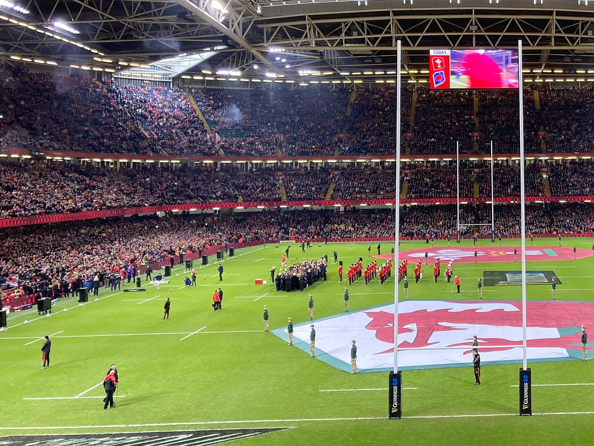 Pre-match choirs and the Welsh dragon at the Principality Stadium